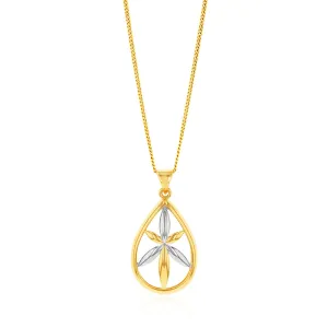 9ct Yellow And White Gold Flower In Pear Shape Pendant Shiels