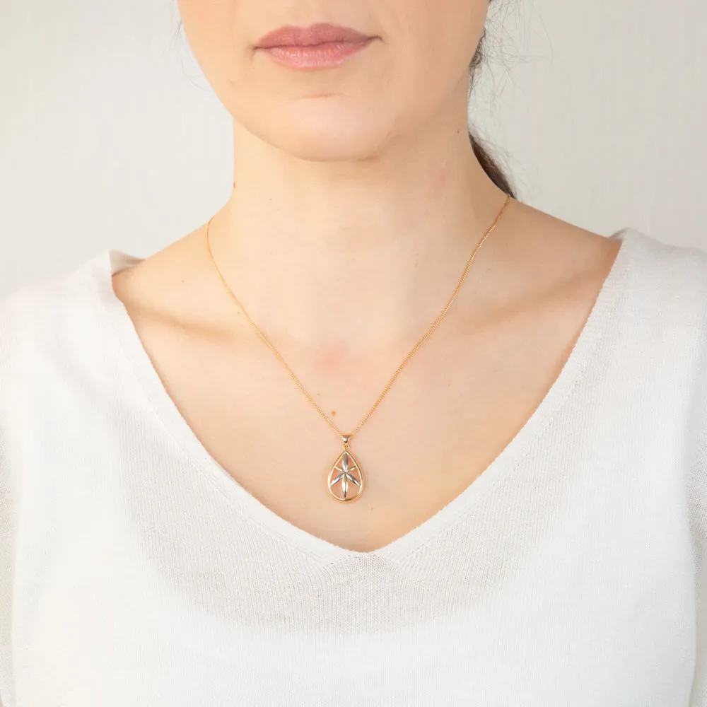 9ct Yellow And White Gold Flower In Pear Shape Pendant Shiels