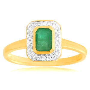 9ct Yellow Gold 0.6ct Natural Emerald and 1/10 Carat Diamond Ring Shiels