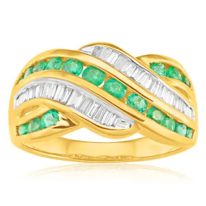 9ct Yellow Gold 0.73ct Natural Emerald and 0.30 Carat Diamond Ring Shiels