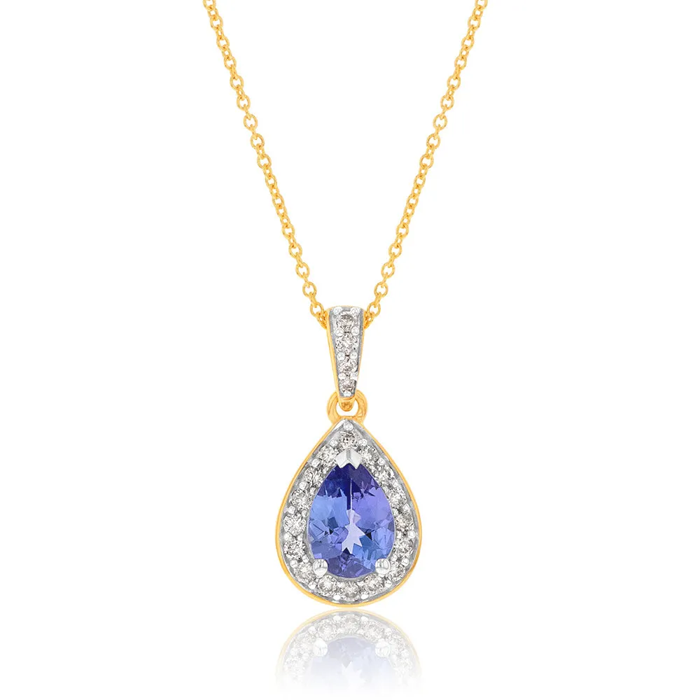 9ct Yellow Gold 0.75ct Tanzanite and 0.15 Carat Diamond Pear Pendant on 45cm Chain Shiels