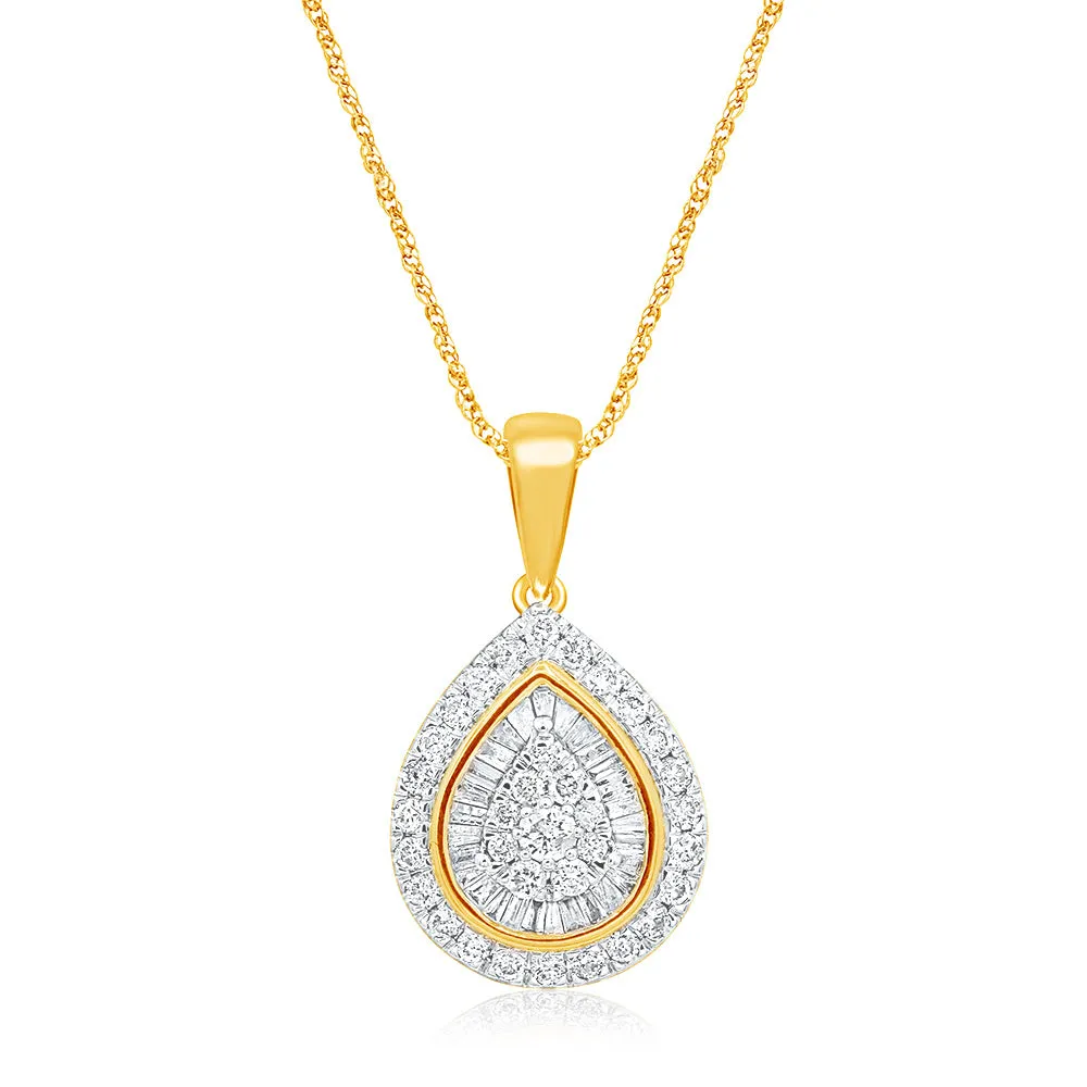 9ct Yellow Gold 1 Carat Diamond Pear Shape Pendant with 62 Diamonds on 9ct 45cm Chain Shiels