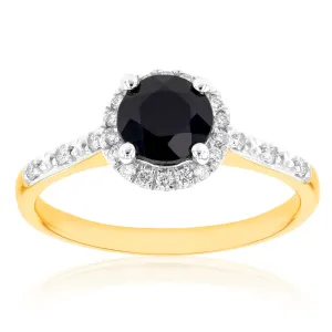 9ct Yellow Gold 1.20ct Natural Sapphire and 1/10 Carat Diamond Halo Ring Shiels