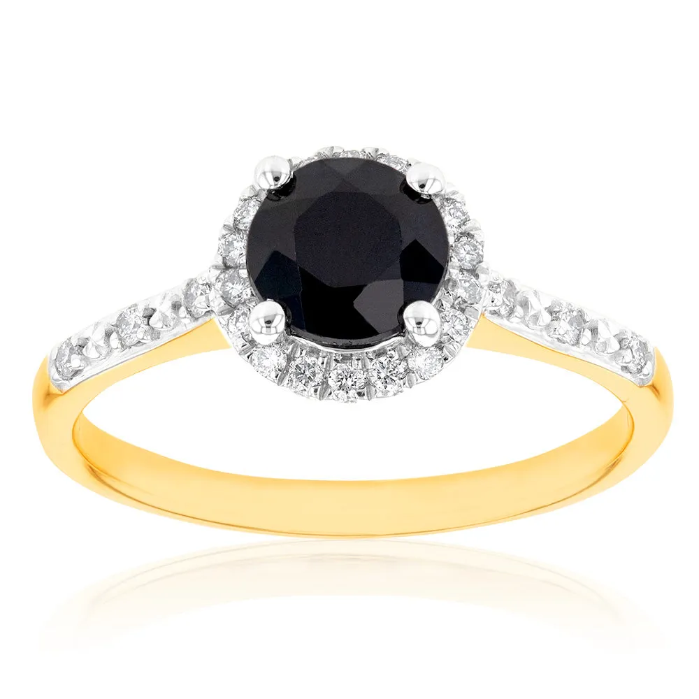 9ct Yellow Gold 1.20ct Natural Sapphire and 1/10 Carat Diamond Halo Ring Shiels
