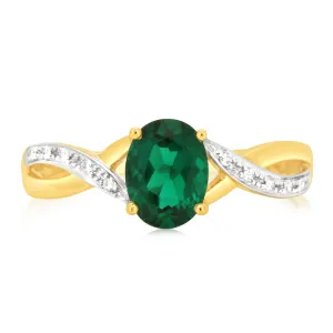 9ct Yellow Gold 1.8 Carat Created Emerald & 10Diamonds Ring Shiels