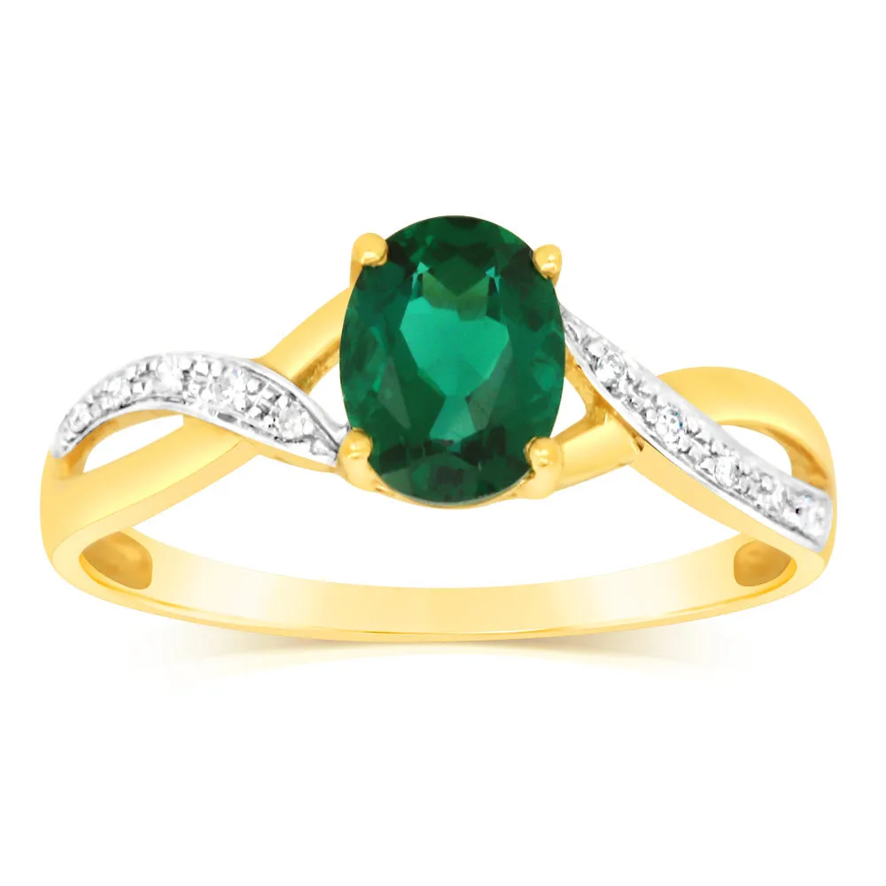 9ct Yellow Gold 1.8 Carat Created Emerald & 10Diamonds Ring Shiels