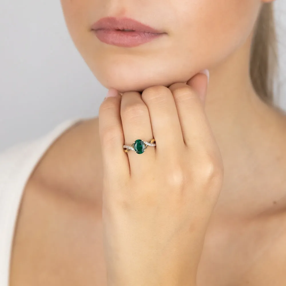 9ct Yellow Gold 1.8 Carat Created Emerald & 10Diamonds Ring Shiels