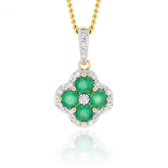 9ct Yellow Gold 1ct Natural Emerald and 1/10 Carat Diamond 4 Leaf Clover Pendant Shiels