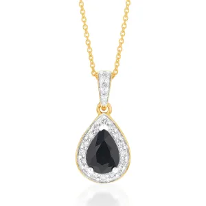 9ct Yellow Gold 1ct Natural Sapphire Pear Halo Pendant with 0.15 Carat Diamond on 45cm Chain Shiels