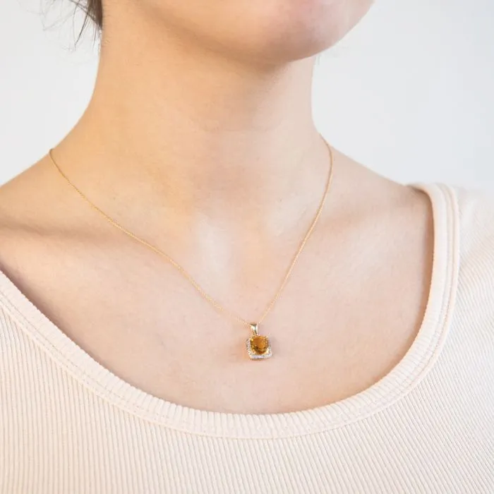 9ct Yellow Gold 2ct Citrine and Diamond Cushion Cut Pendant Shiels