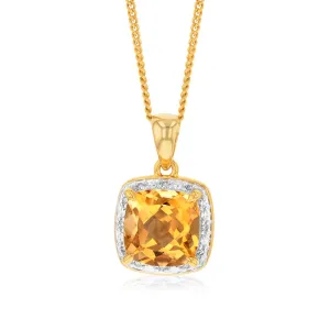 9ct Yellow Gold 2ct Citrine and Diamond Cushion Cut Pendant Shiels