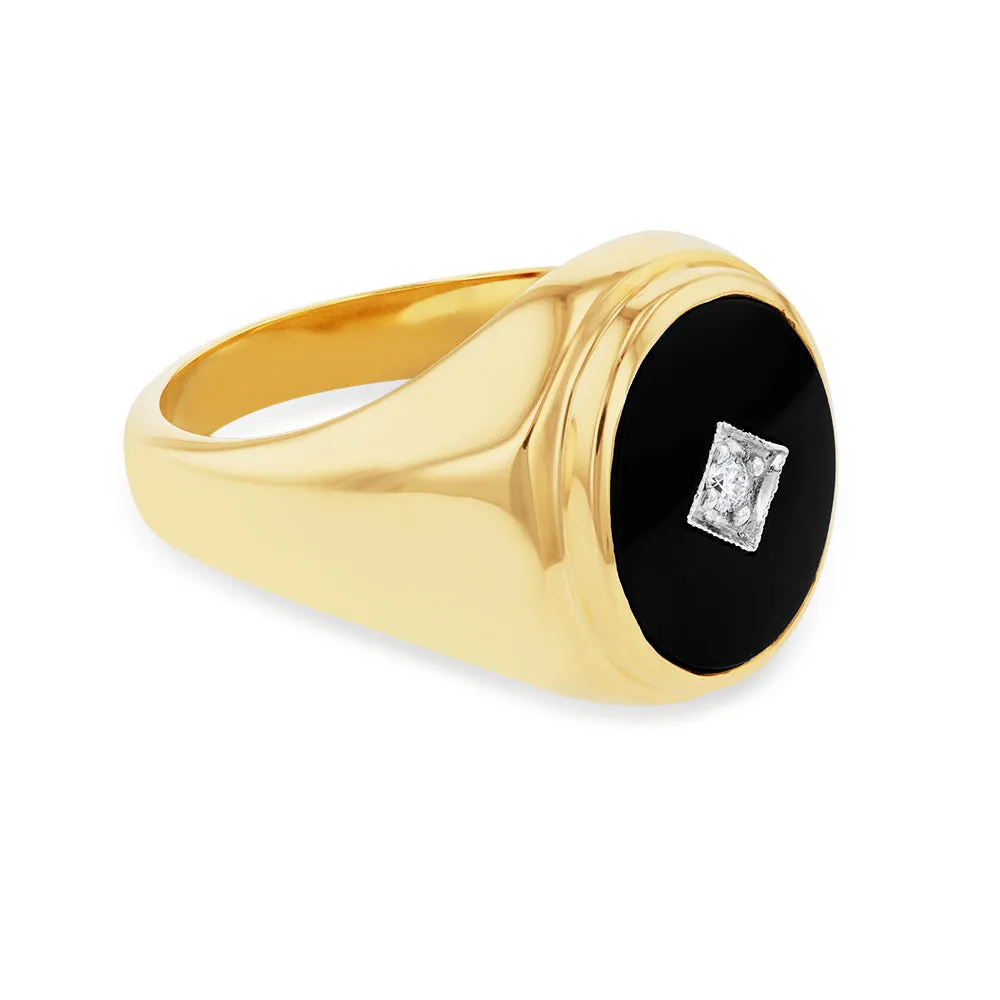 9ct Yellow Gold Black Onyx and Diamond Gents Ring Shiels