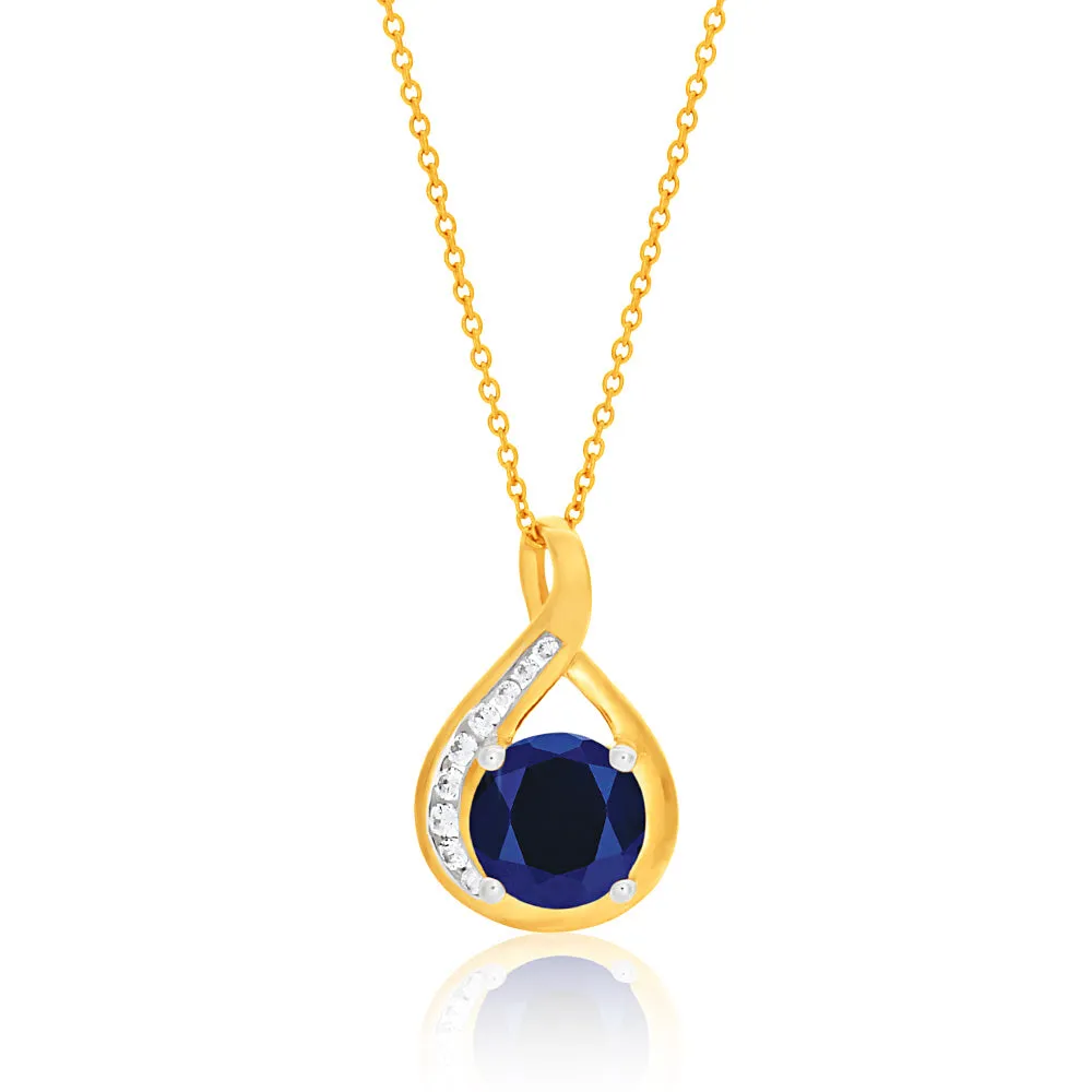 9ct Yellow Gold Created Blue Sapphire and Zirconia Pendant On 45cm Chain Shiels