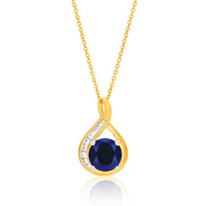9ct Yellow Gold Created Blue Sapphire and Zirconia Pendant On 45cm Chain Shiels