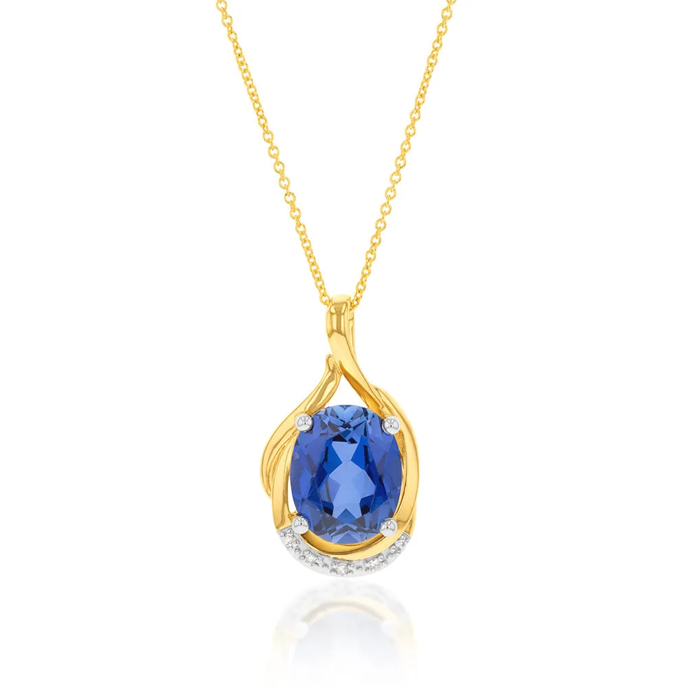 9ct Yellow Gold Created Ceylon Sapphire and Diamond Pendant on 45cm Chain Shiels