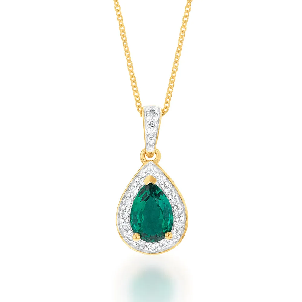9ct Yellow Gold Created Emerald and 0.15 Carat Diamond Pear Halo Pendant on 45cm Chain Shiels