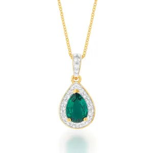 9ct Yellow Gold Created Emerald and 0.15 Carat Diamond Pear Halo Pendant on 45cm Chain Shiels