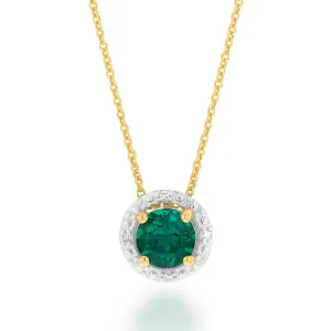 9ct Yellow Gold Created Emerald and Diamond Halo Pendant on 45cm Chain Shiels