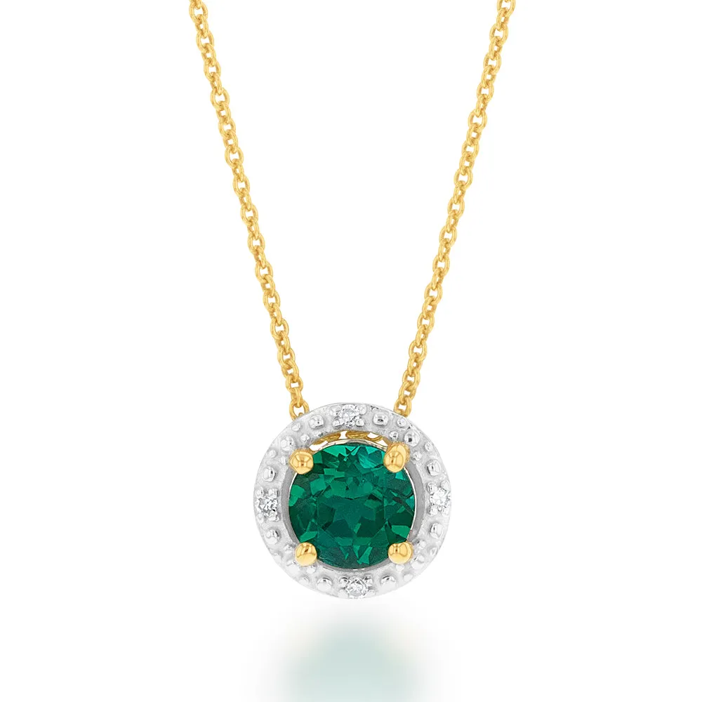 9ct Yellow Gold Created Emerald and Diamond Halo Pendant on 45cm Chain Shiels