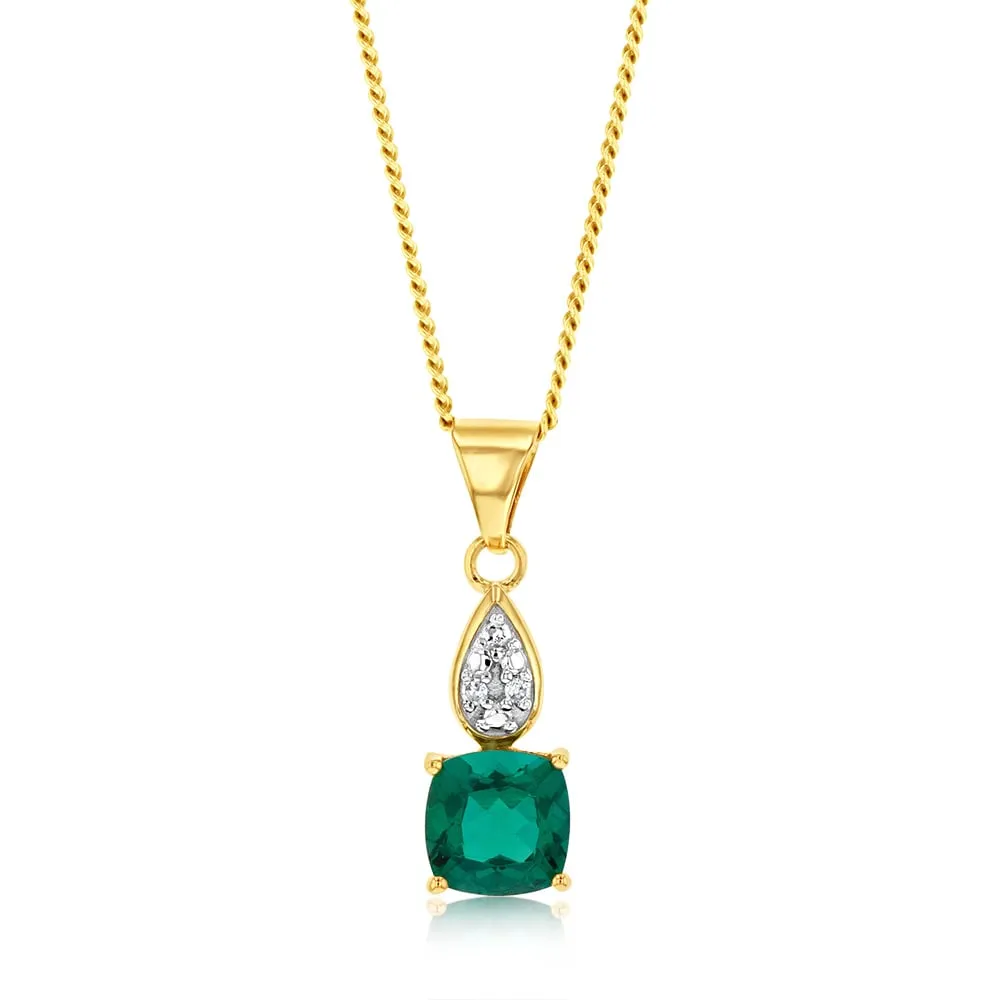 9ct Yellow Gold Created Emerald And Diamond Pendant Shiels
