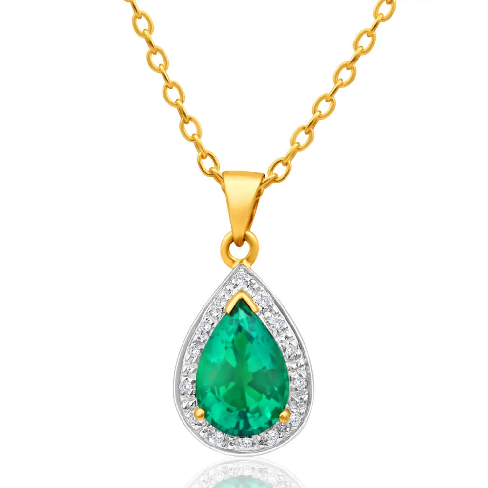9ct Yellow Gold Created Emerald and Diamond Pendant Shiels