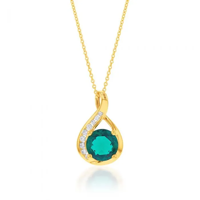 9ct Yellow Gold Created Emerald and Zirconia Pendant With 45cm Chain Shiels