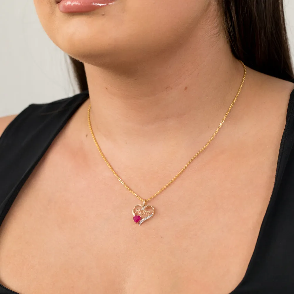 9ct Yellow Gold Created Round Ruby Mum Heart Pendant Shiels