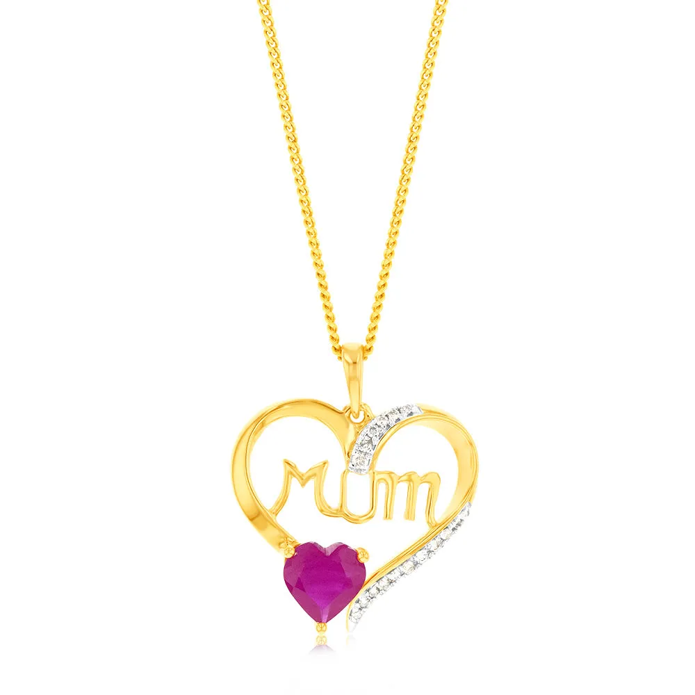 9ct Yellow Gold Created Round Ruby Mum Heart Pendant Shiels