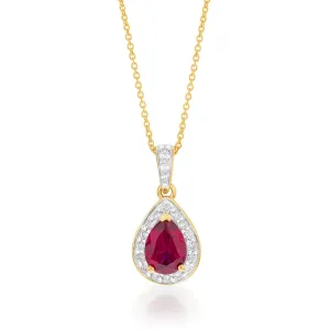 9ct Yellow Gold Created Ruby 0.15 Carat Diamond Pear Halo Pendant on 45cm Chain Shiels