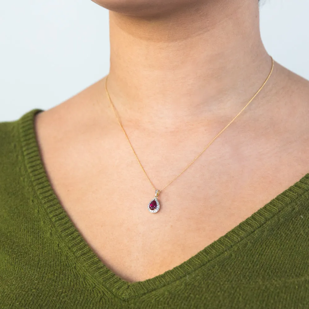 9ct Yellow Gold Created Ruby 0.15 Carat Diamond Pear Halo Pendant on 45cm Chain Shiels