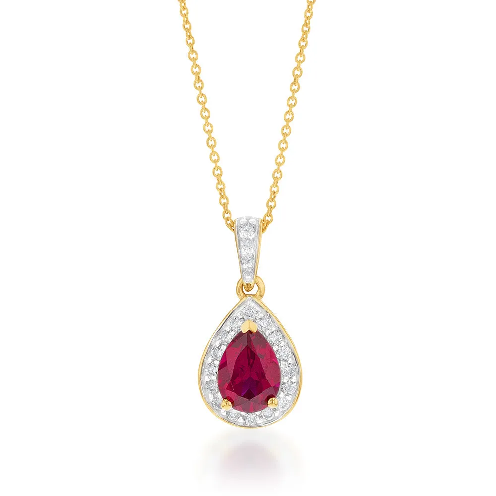 9ct Yellow Gold Created Ruby 0.15 Carat Diamond Pear Halo Pendant on 45cm Chain Shiels