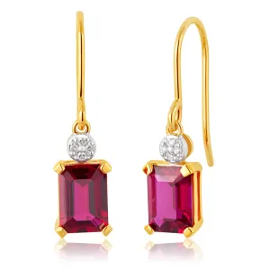 9ct Yellow Gold Created Ruby and Diamond Drop Earrings Shiels