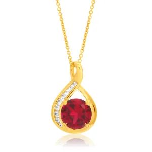 9ct Yellow Gold Created Ruby and Zirconia Pendant On 45cm Chain Shiels