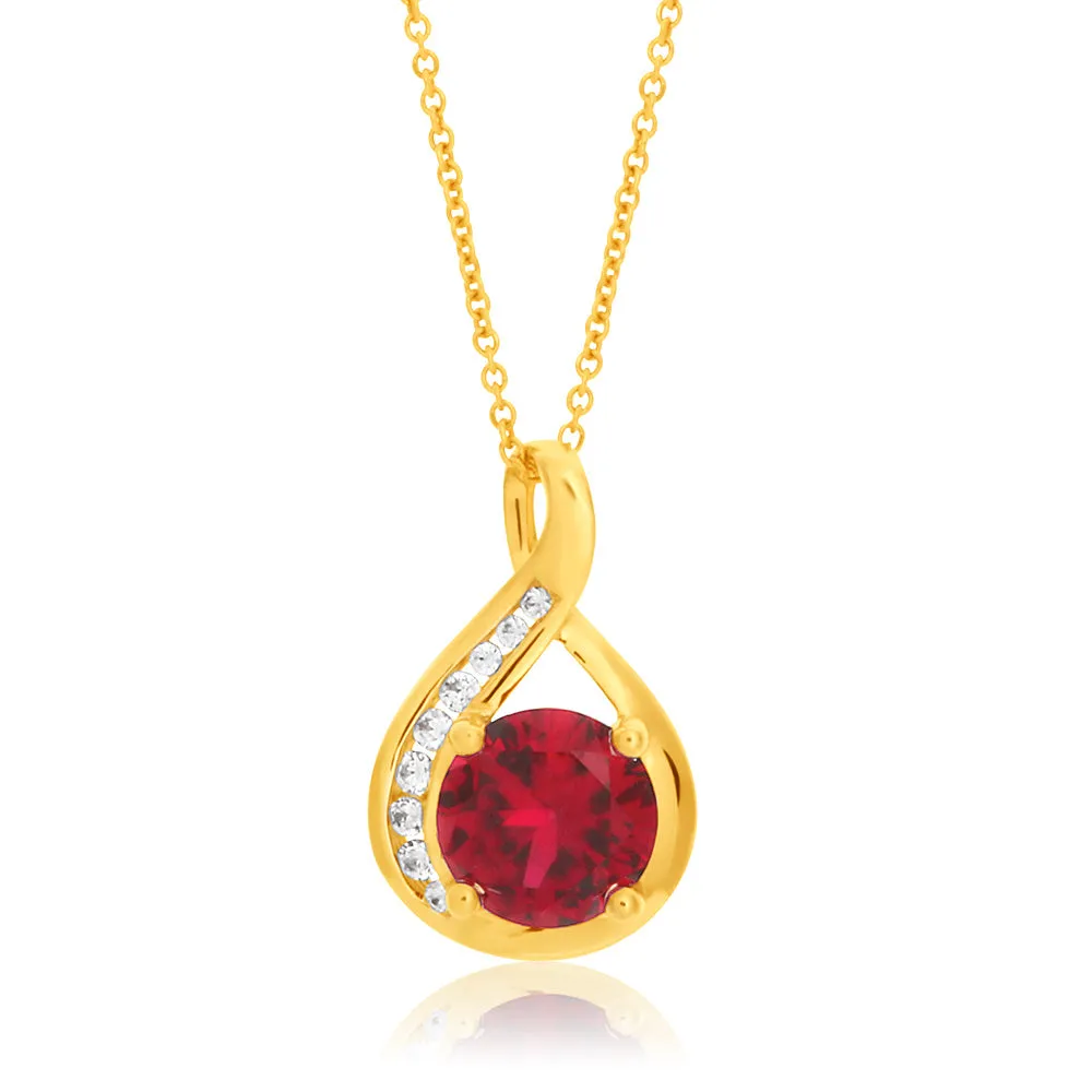 9ct Yellow Gold Created Ruby and Zirconia Pendant On 45cm Chain Shiels