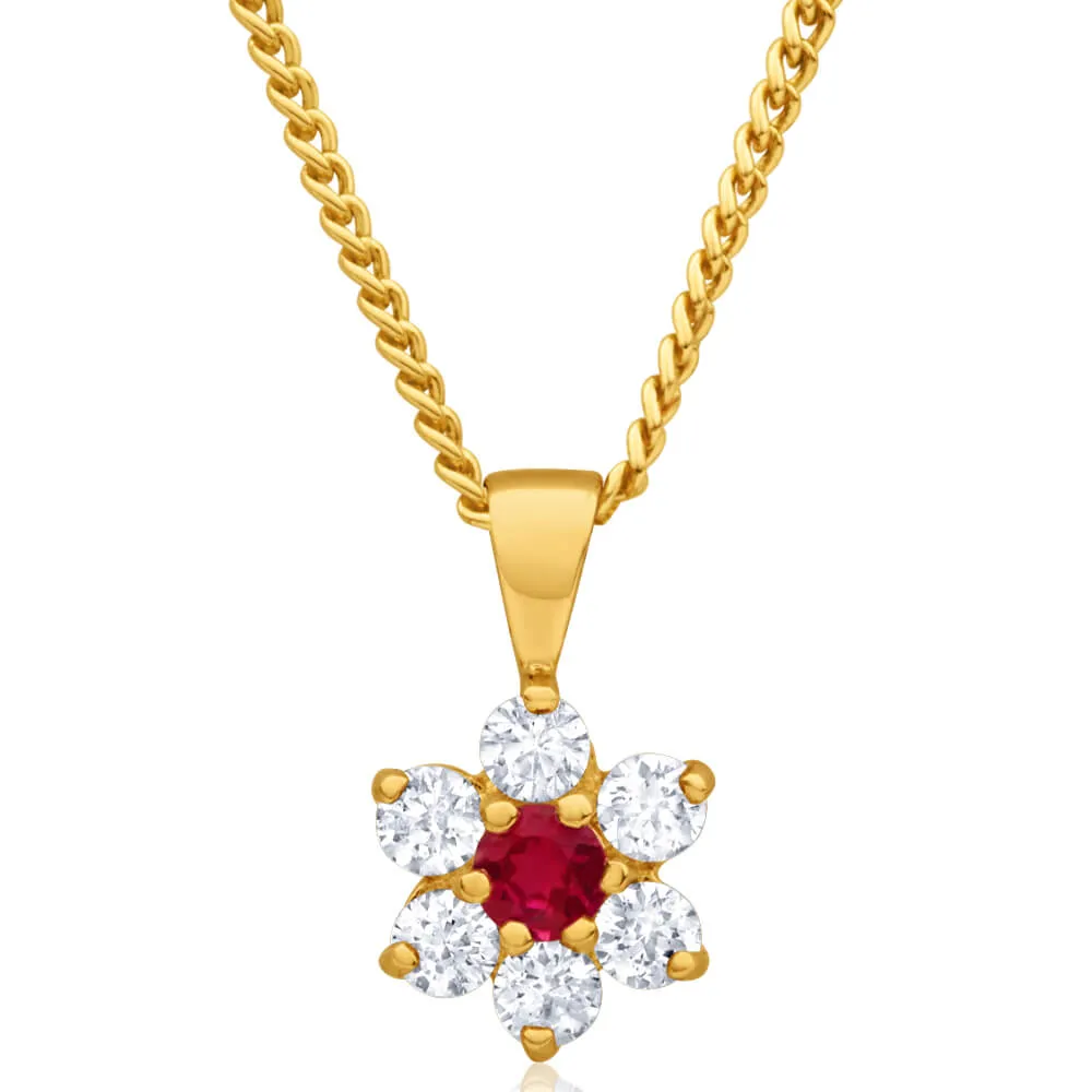9ct Yellow Gold Created Ruby   Cubic Zirconia Flower Pendant Shiels