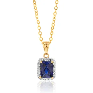 9ct Yellow Gold Created Sapphire and Diamond Pendant 46cm Gold Plated Chain Shiels