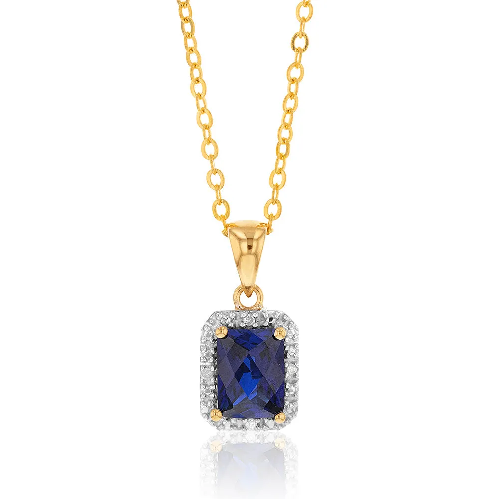 9ct Yellow Gold Created Sapphire and Diamond Pendant 46cm Gold Plated Chain Shiels