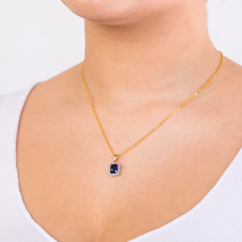 9ct Yellow Gold Created Sapphire and Diamond Pendant 46cm Gold Plated Chain Shiels