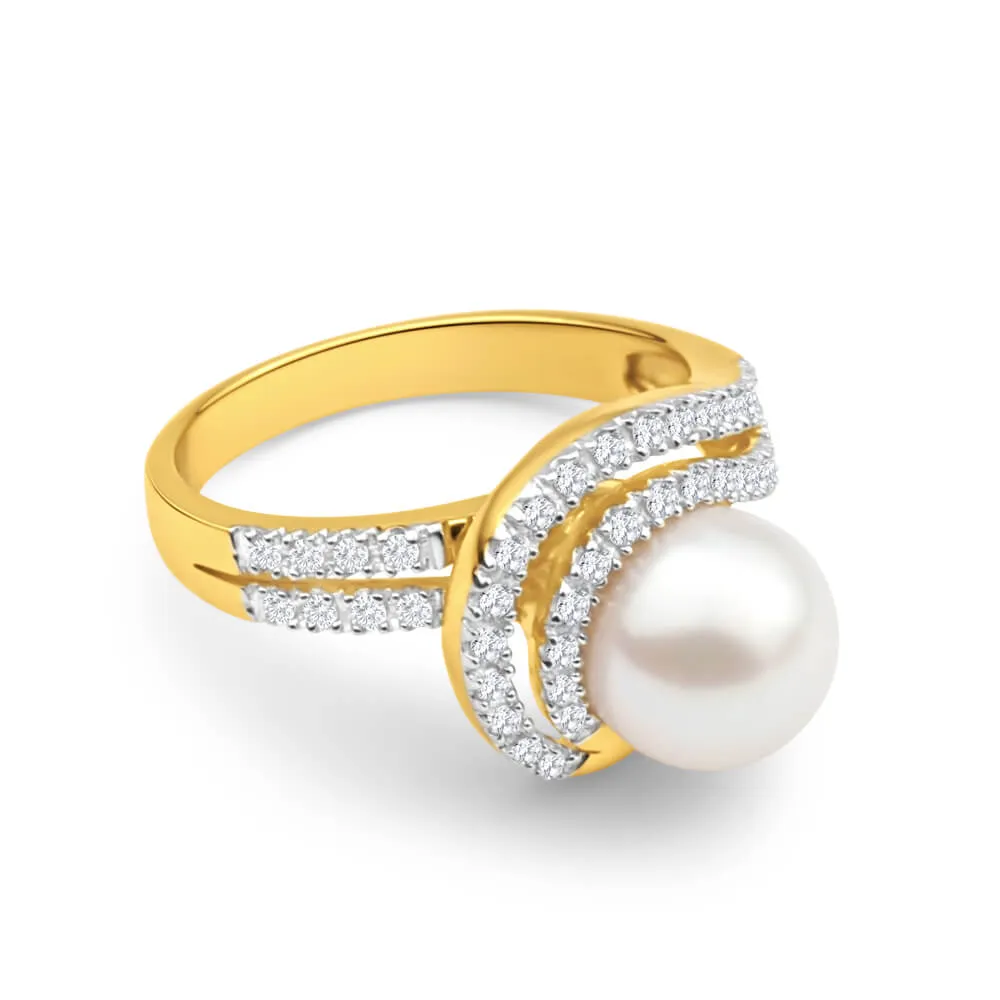 9ct Yellow Gold Cultured Pearl and Diamond Swirl Ring Shiels