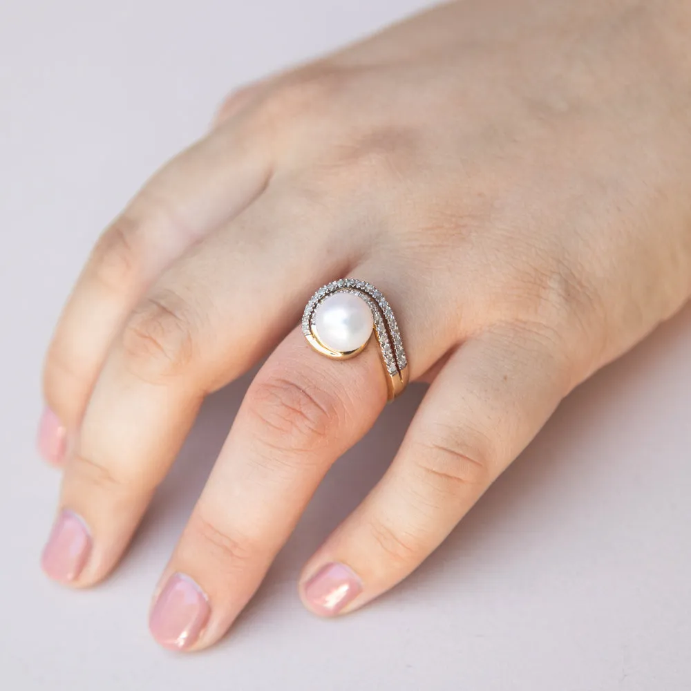 9ct Yellow Gold Cultured Pearl and Diamond Swirl Ring Shiels