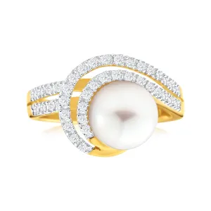 9ct Yellow Gold Cultured Pearl and Diamond Swirl Ring Shiels