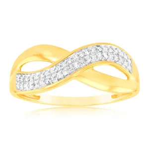 9ct Yellow Gold Diamond Cross Over Ring with 20 Briliiant Diamonds Shiels
