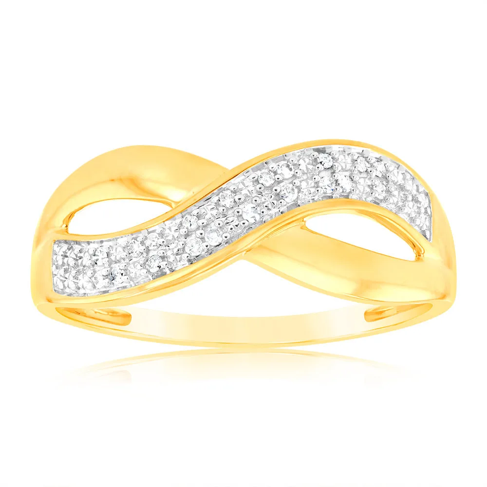 9ct Yellow Gold Diamond Cross Over Ring with 20 Briliiant Diamonds Shiels