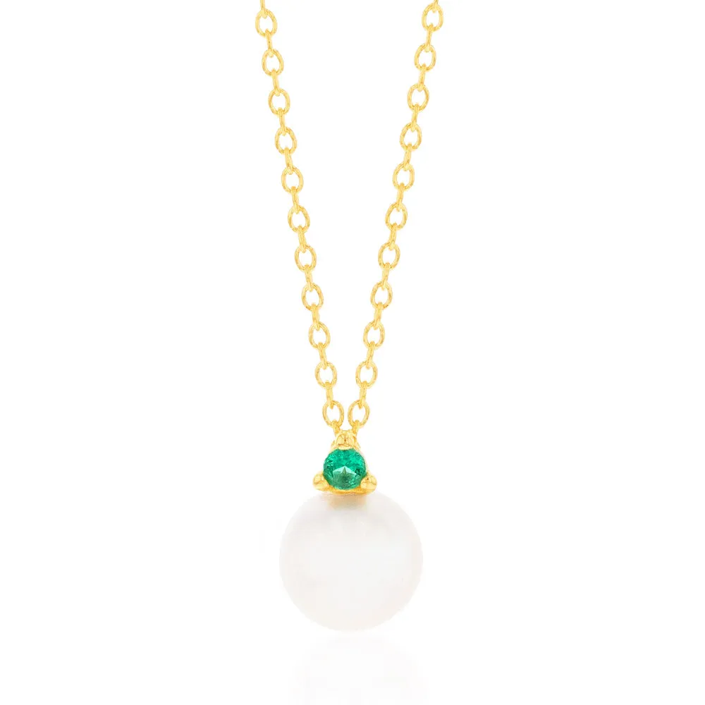 9ct Yellow Gold Green Cubic Zirconia And Pearl Pendant On 45cm Chain Shiels