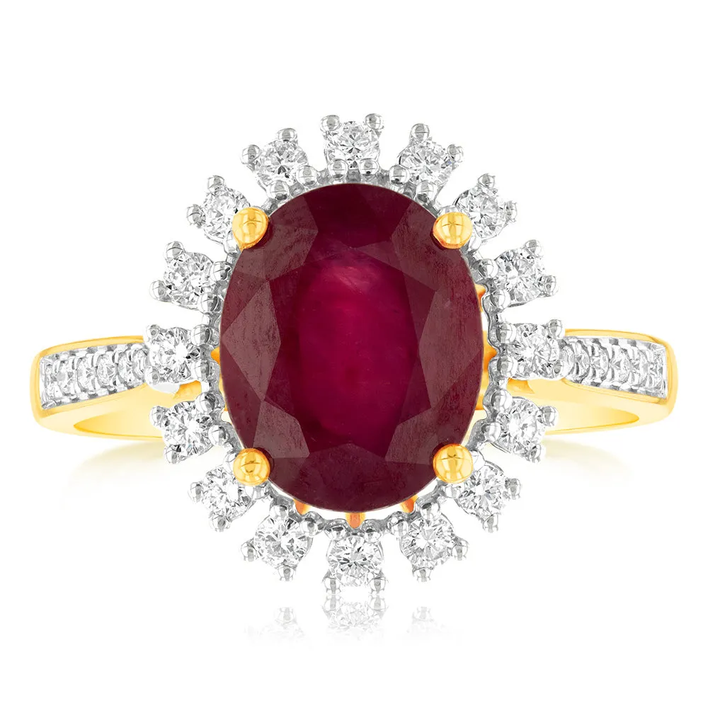 9ct Yellow Gold natural Enhanced 3 Carat Ruby Ring with 1/3 Carat of Diamonds Shiels