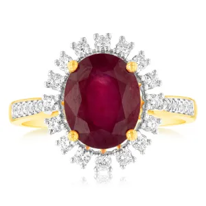 9ct Yellow Gold natural Enhanced 3 Carat Ruby Ring with 1/3 Carat of Diamonds Shiels