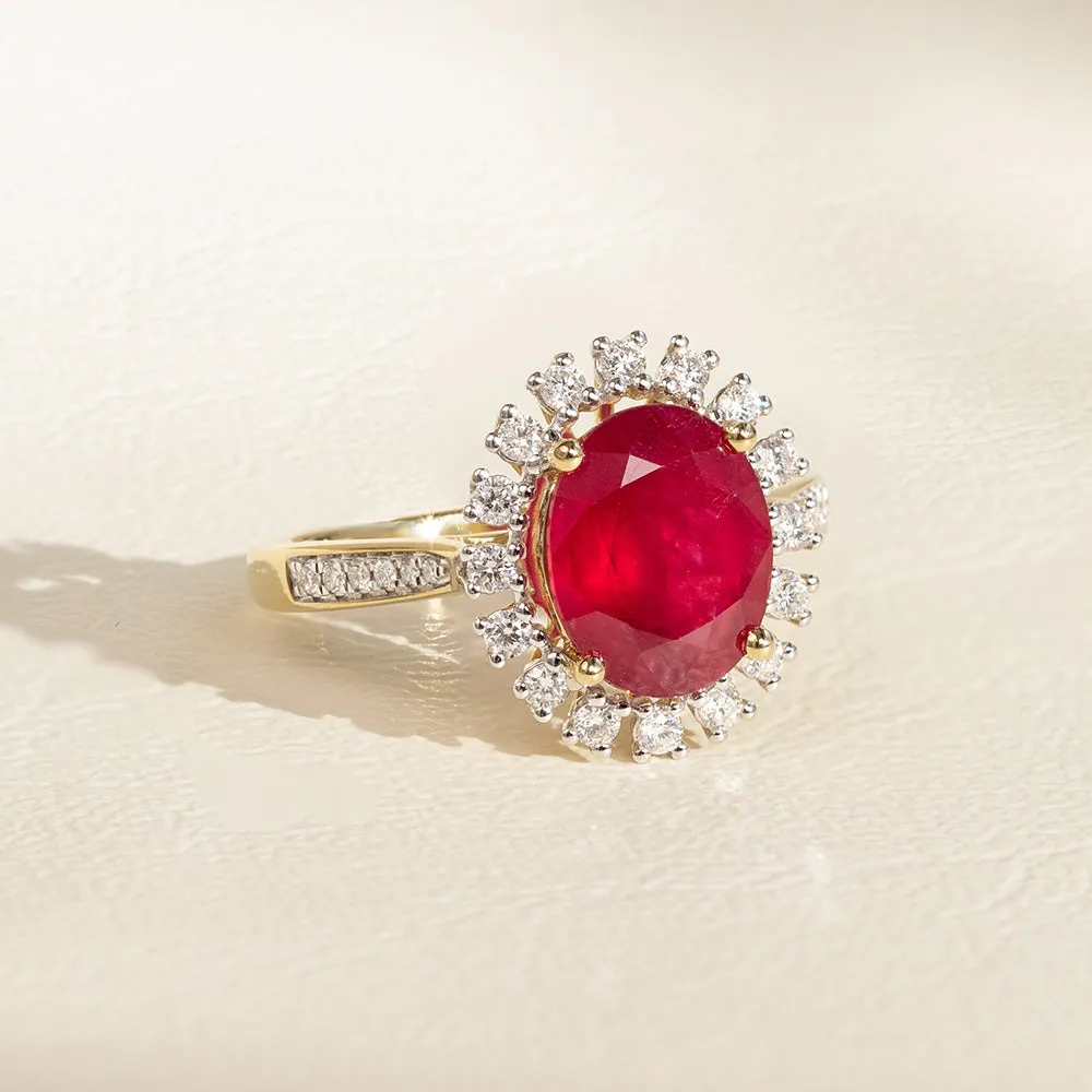 9ct Yellow Gold natural Enhanced 3 Carat Ruby Ring with 1/3 Carat of Diamonds Shiels