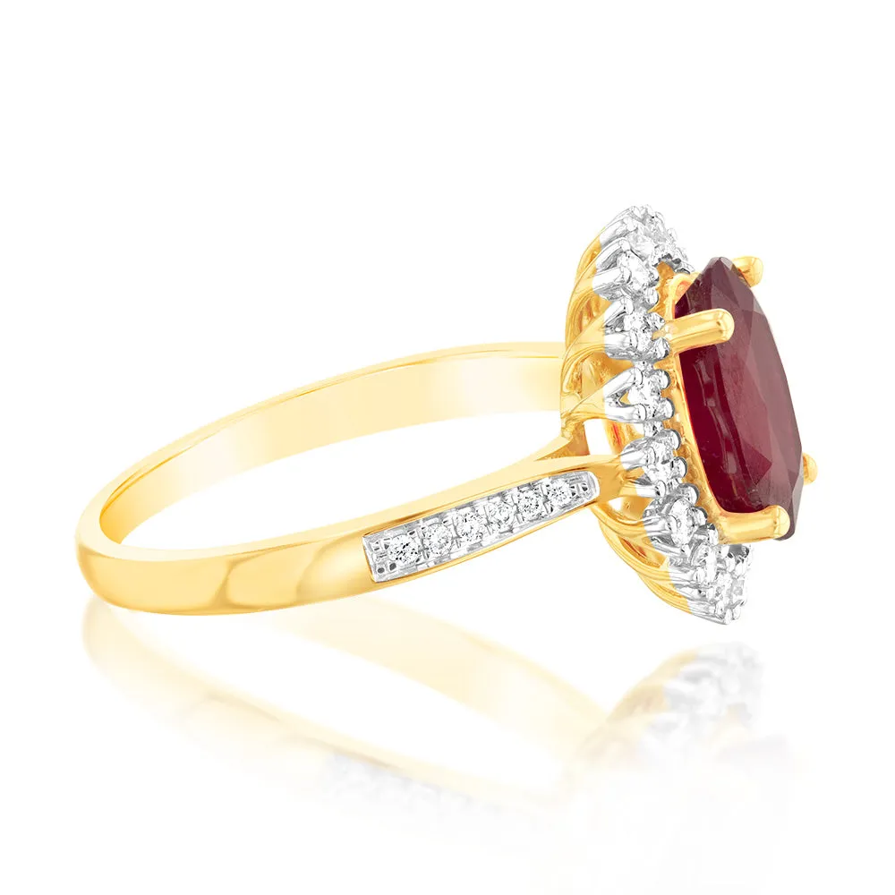 9ct Yellow Gold natural Enhanced 3 Carat Ruby Ring with 1/3 Carat of Diamonds Shiels