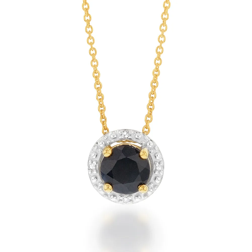 9ct Yellow Gold Natural Sapphire and Diamond Halo Pendant on 45cm Chain Shiels