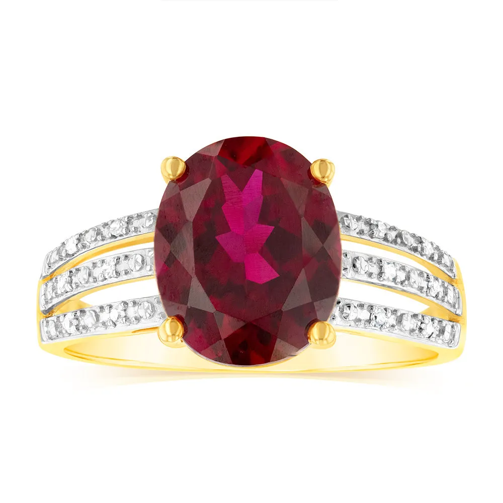 9ct Yellow Gold Oval Created Ruby and Diamond Ring Shiels